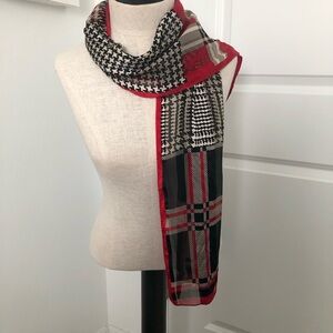 Adrienne Vittadini Red and Black Plaid Houndstooth Silk Scarf